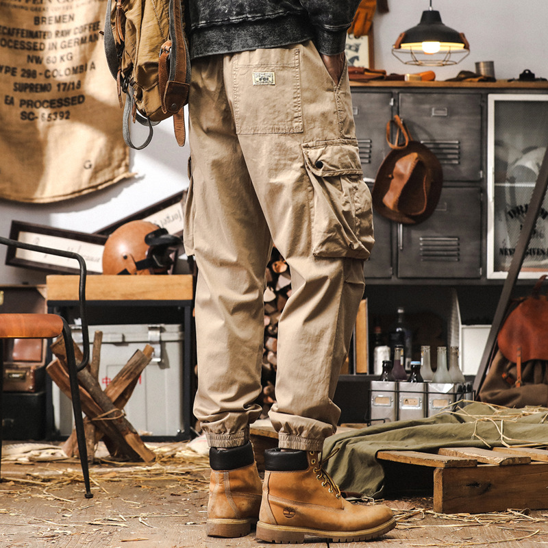 美式復古工裝褲子男秋季寬鬆潮牌束腳戶外獵裝機能大口袋休閒褲男