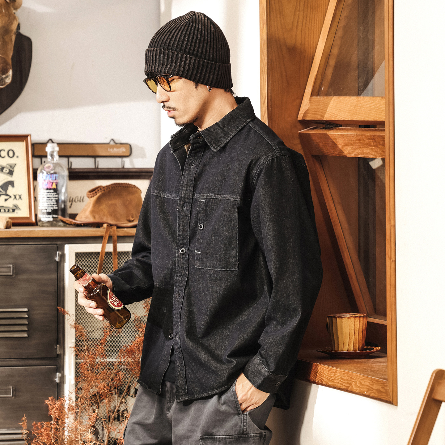 美式復古活性不掉色黑色牛仔襯衫男長袖外套春秋新款休閒工裝襯衣