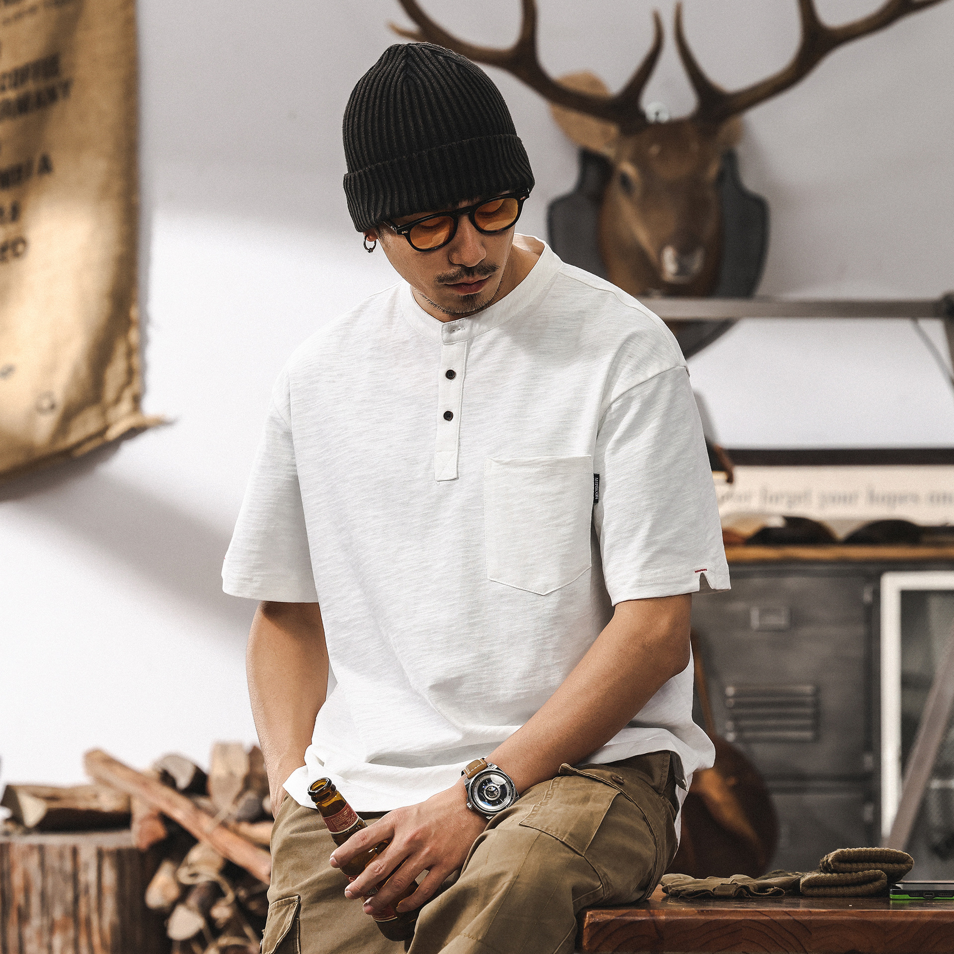 美式復古竹節棉短袖T恤男夏季2025新款T潮流亨利領阿美咔嘰POLO衫