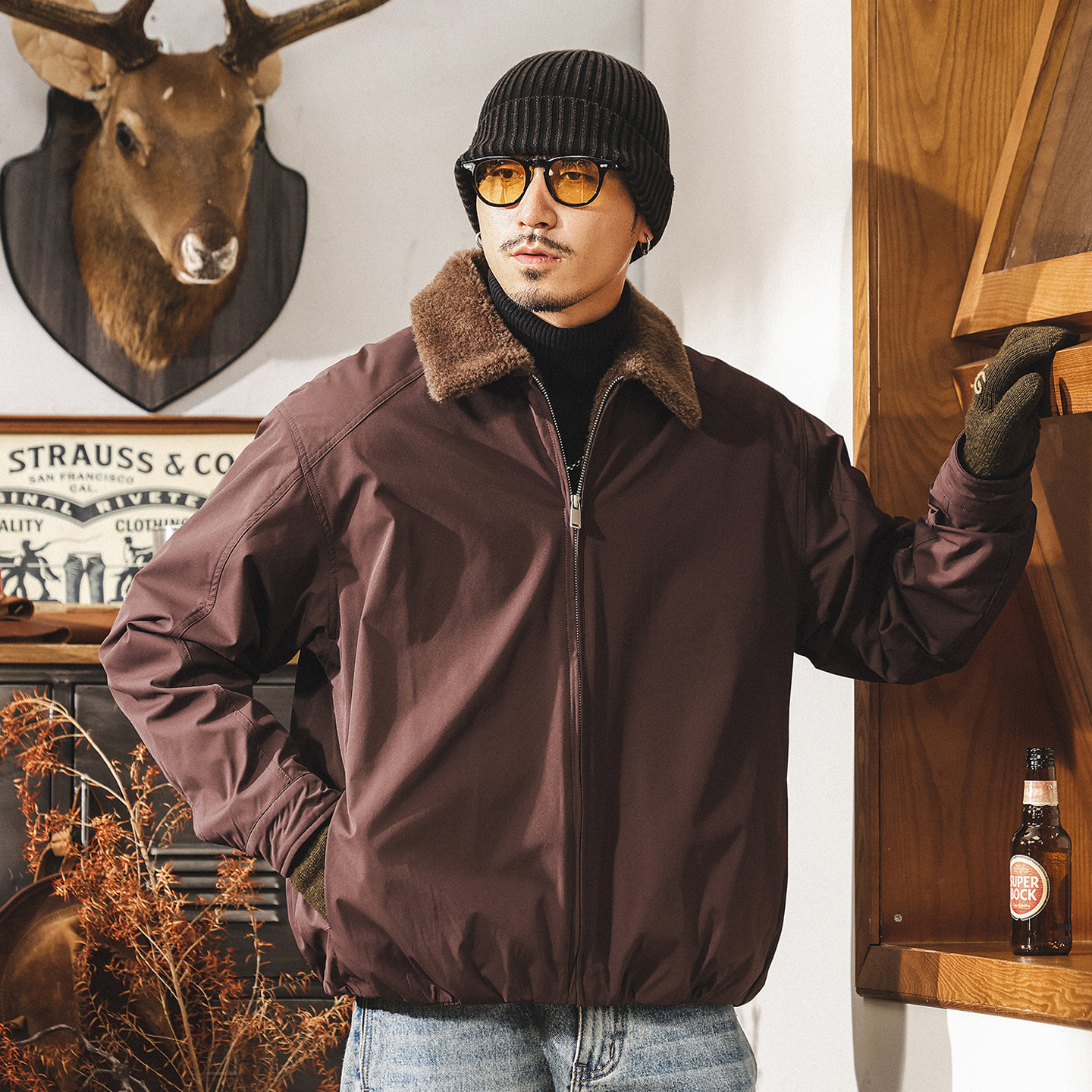 美式復古加厚羊羔絨棉服外套男冬季保暖男士棉襖座山雕毛領棉衣男