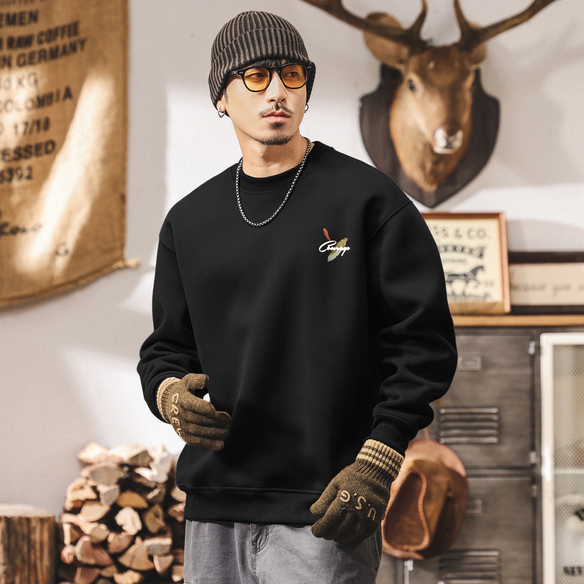 美式復古420g重磅衛衣男春秋新款圓領長袖寬鬆休閒潮流印花上衣男