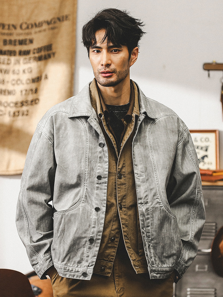 美式重磅複古外套男春秋款潮牌寬松休閑老式古著髒染男士工裝夾克