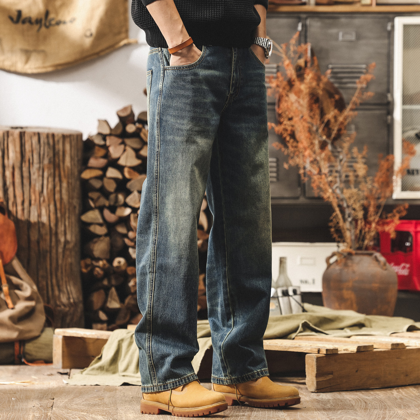 美式復古水洗直筒牛仔褲男士2026春季潮牌高街闊腿褲寬鬆休閒褲子
