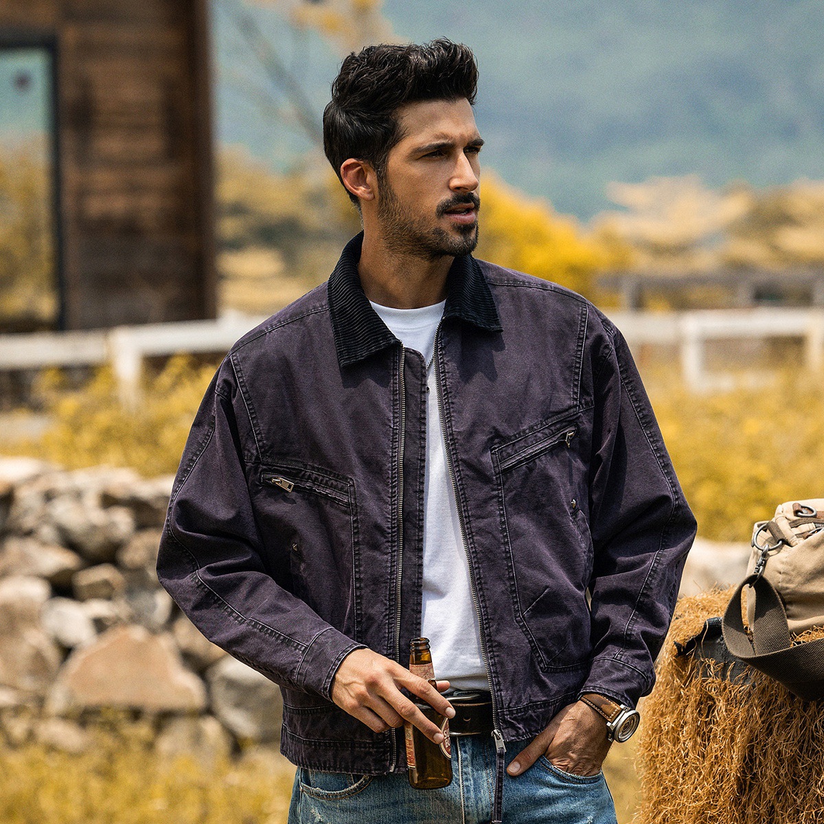 美式復古工裝夾克男短款寬鬆機車服春季新款機能硬漢獵裝男士外套