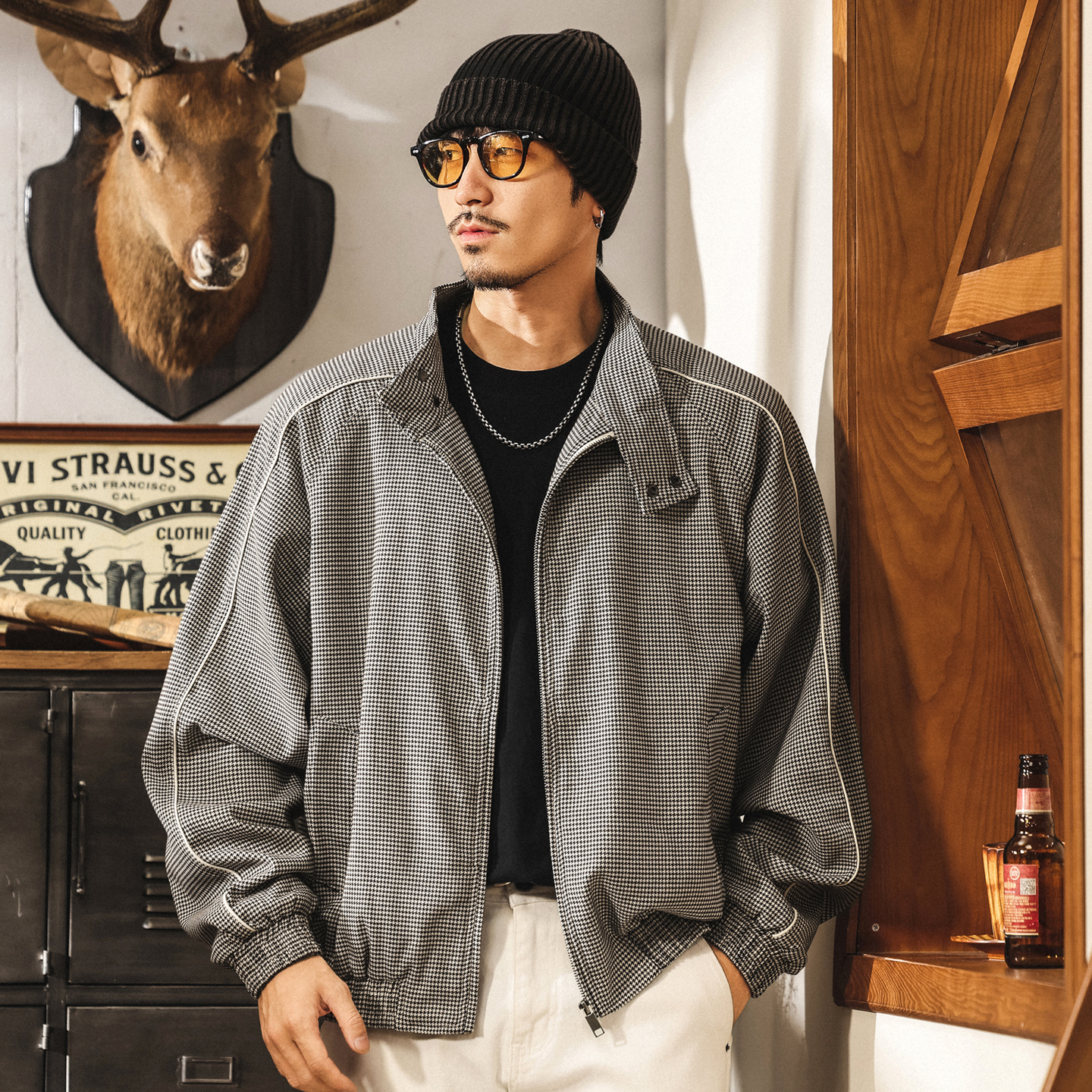 綿羊毛輕奢高端威爾士親王皇家千鳥格夾克男春秋潮牌雙扣短款外套