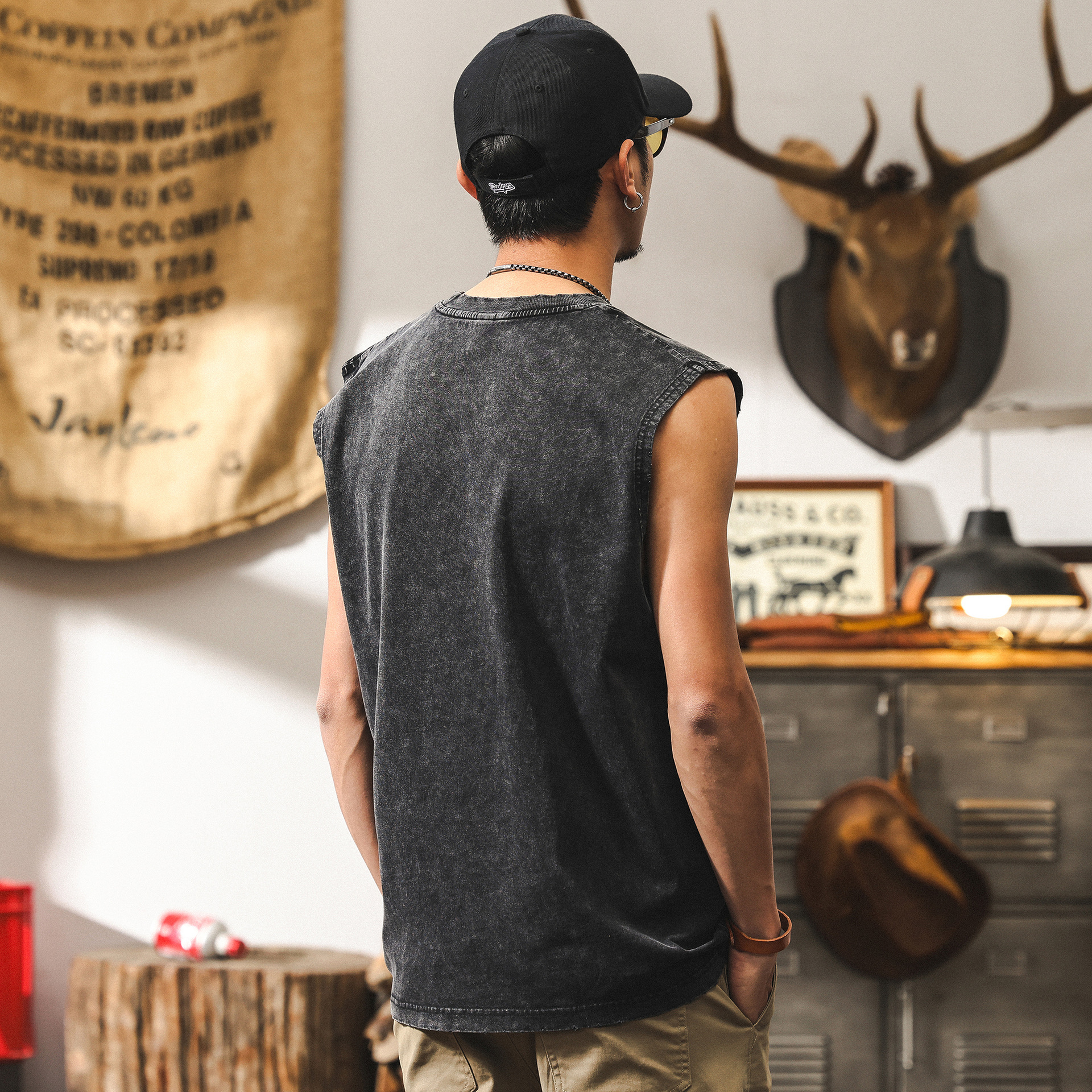 美式復古水洗做舊運動健身背心坎肩籃球訓練夏季寬鬆男士T恤