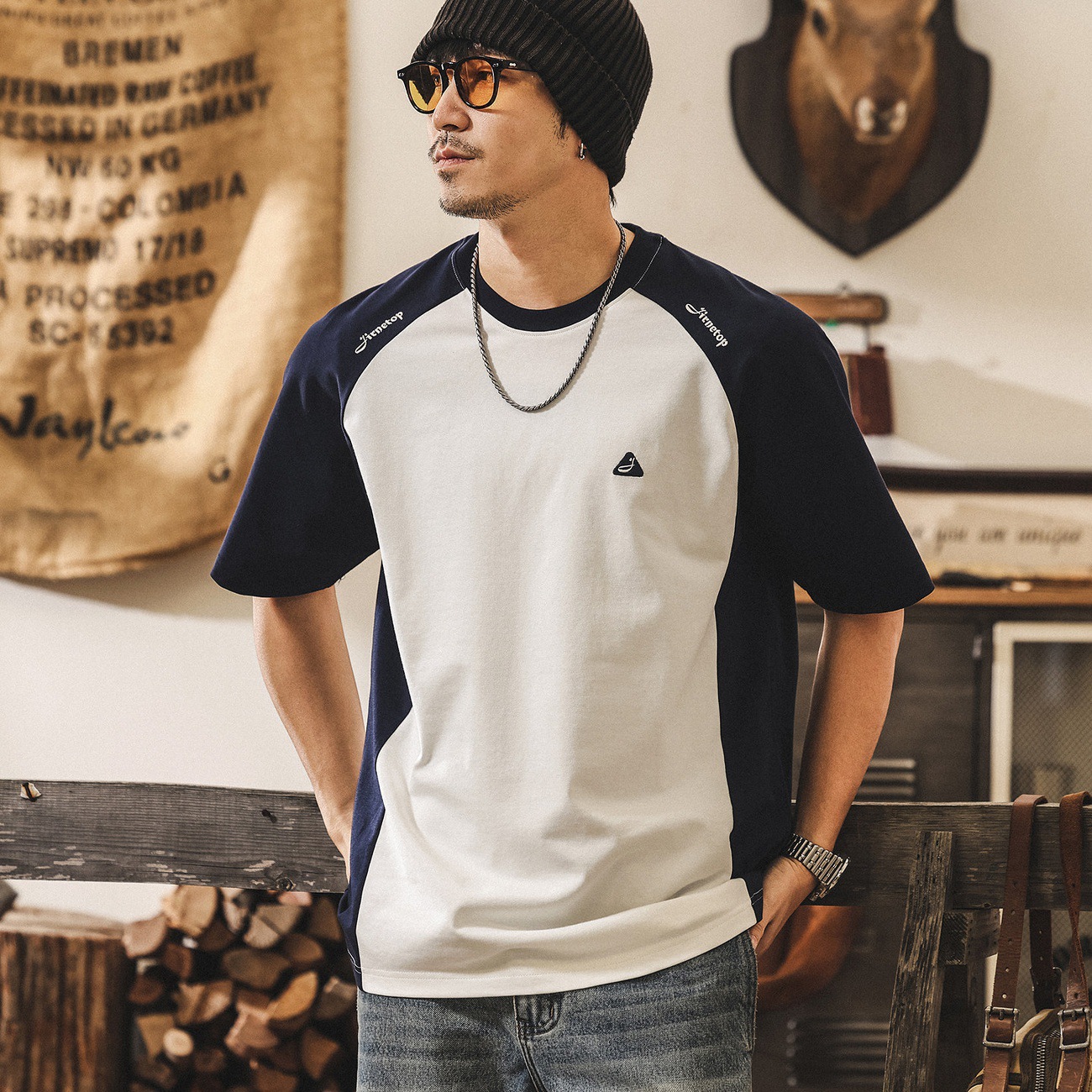 美式復古潮牌男士短袖T恤夏季新款潮流插肩袖拼接寬鬆半袖上衣男