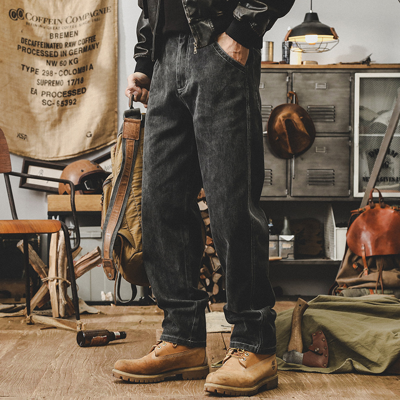 美式重磅石磨炒洗複古牛仔褲男秋季寬松直筒2024新款休閑長褲子男