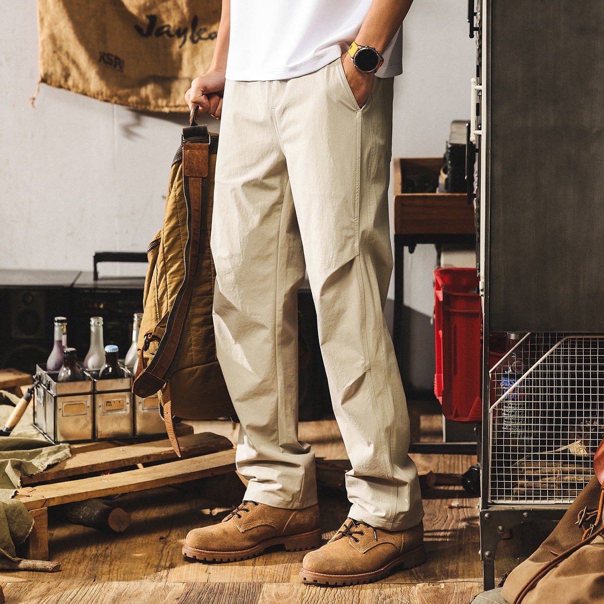 美式薄款冰絲涼感卡其色褲子男款夏季寬鬆直筒長褲城市通勤休閒褲