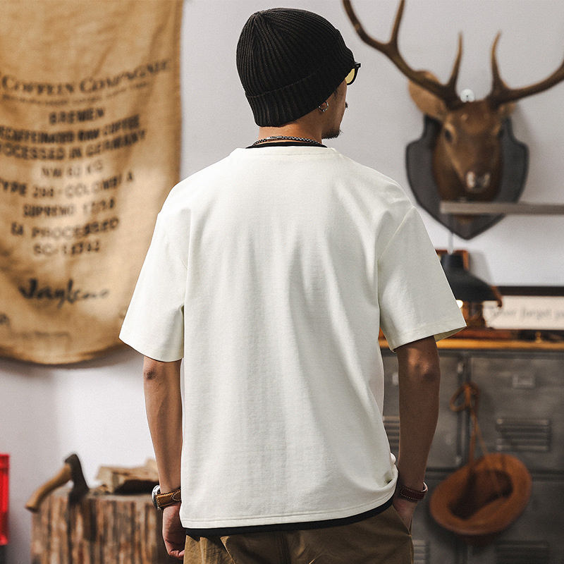 假兩件T恤2025新款短袖男夏季美式復古潮牌撞色疊穿涼感休閒上衣