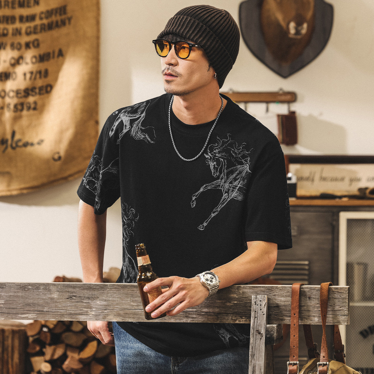 美式復古馬年亞麻T恤男夏季短袖2026新款潮流印花半袖寬鬆上衣男