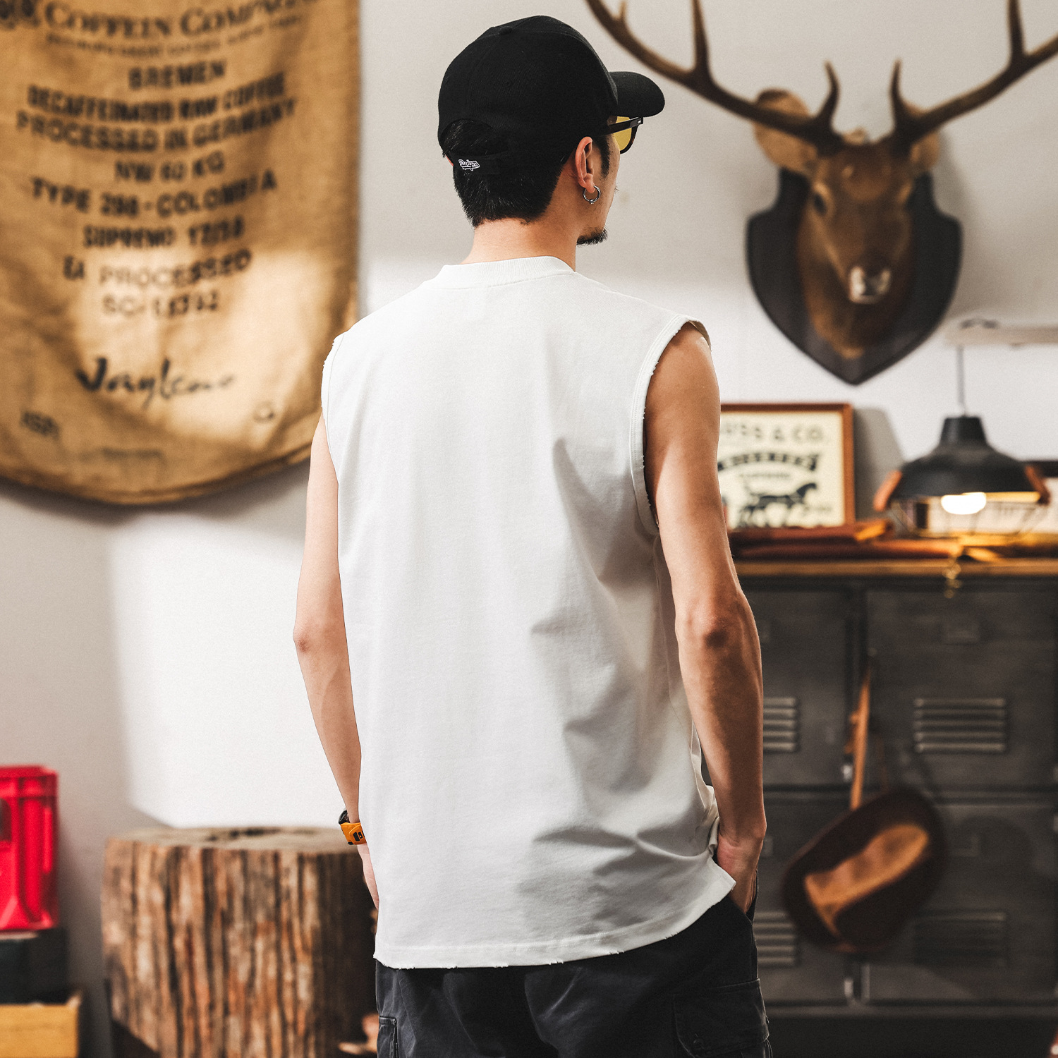 美式復古亨利領無袖白色T恤男夏季寬鬆潮牌坎肩運動健身背心上衣T