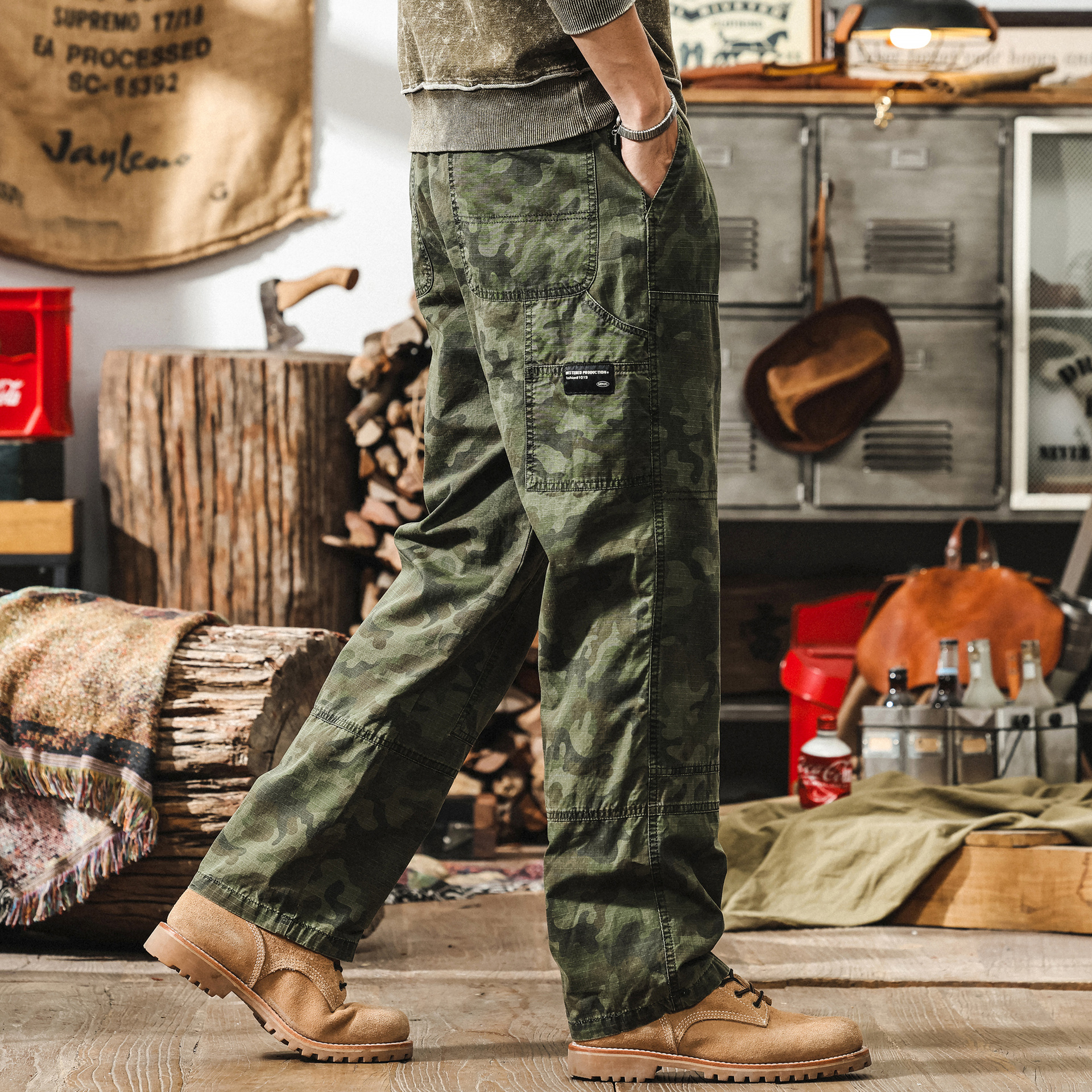 美式復古軍綠色工裝褲子男款夏季潮牌戰術軍事迷彩寬鬆直筒休閒褲