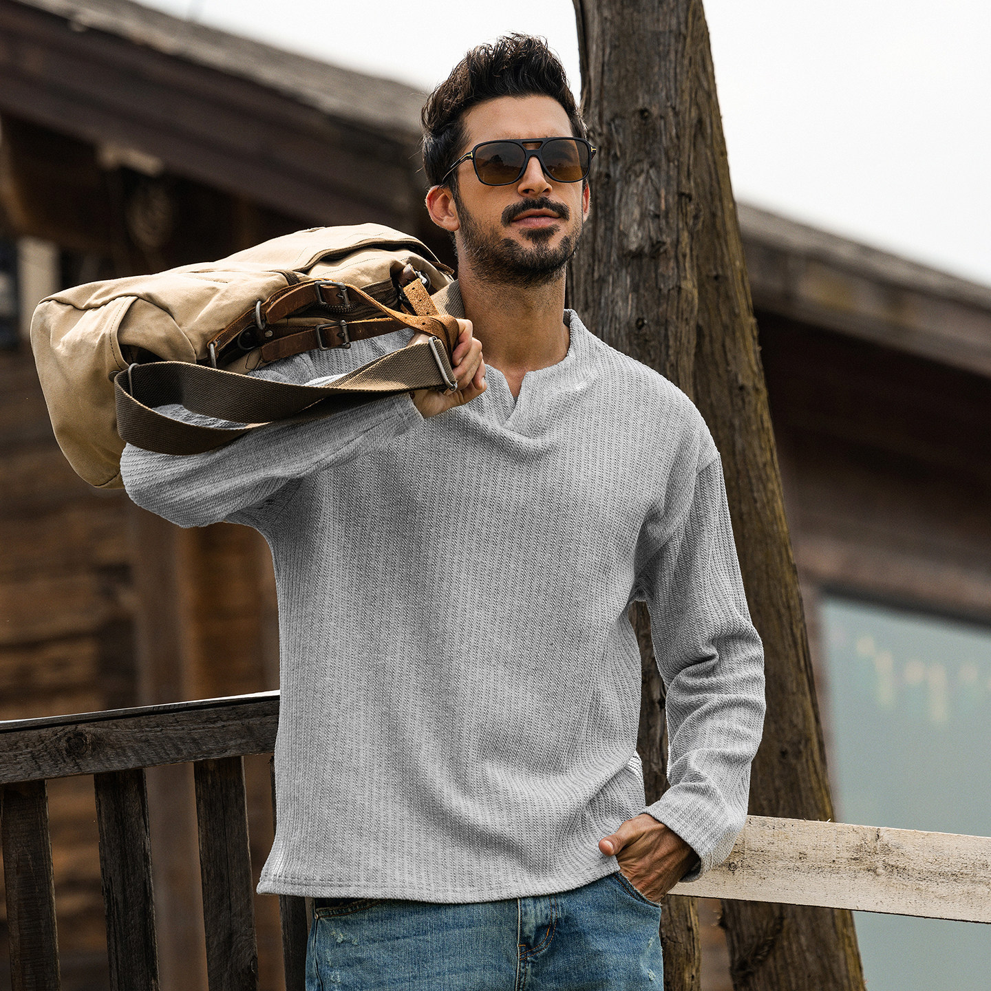 美式復古長袖T恤男春季新款重磅潮牌麻花針織衛衣男春秋休閒上衣