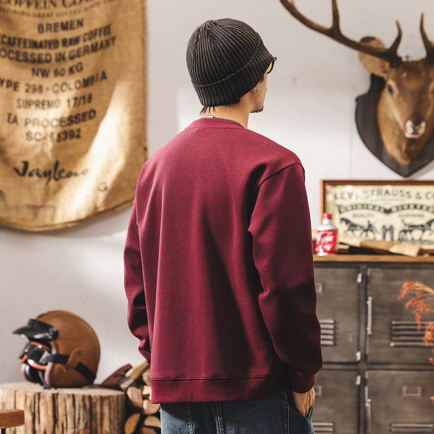 美式復古重磅衛衣男春秋2025新款緞紋肌理高級感紅色男士長袖t恤