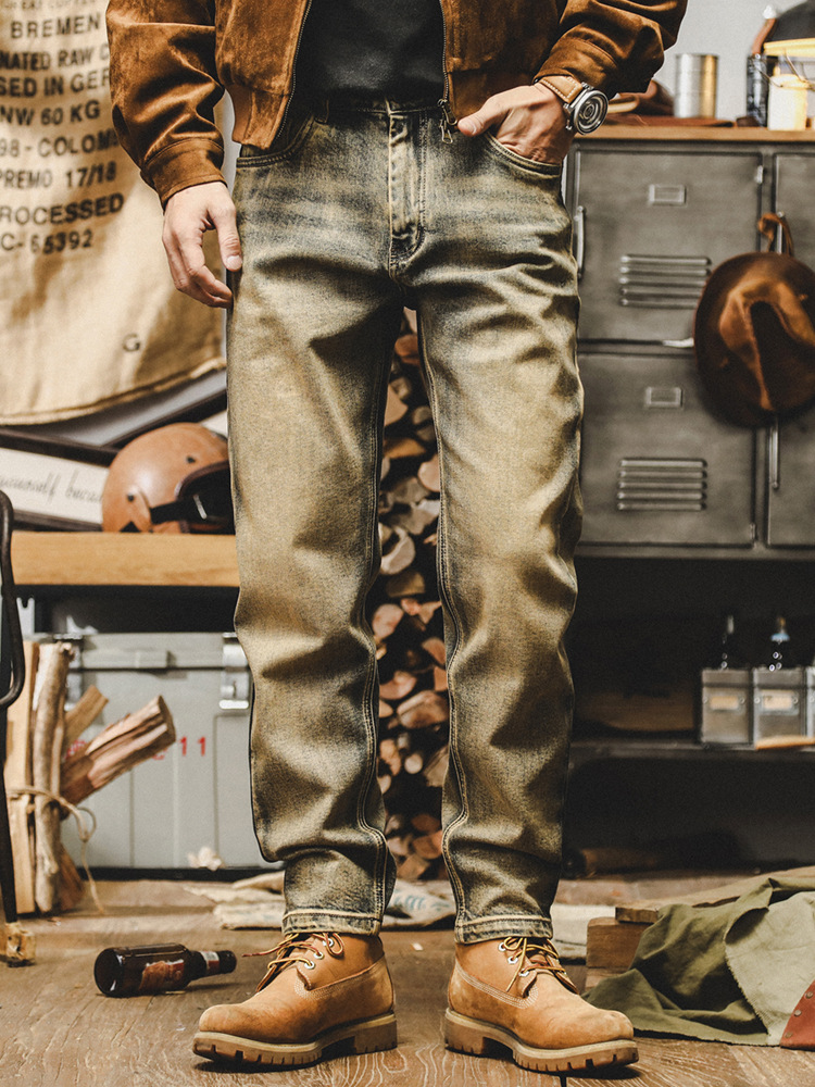 傑雷諾美式重磅黃泥做舊複古牛仔褲男寬松彈力休閑褲子男秋季長褲