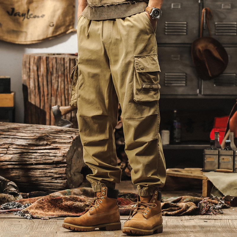 美式復古卡其色工裝褲子男秋季重磅寬鬆休閒褲硬漢獵裝機能束腳褲