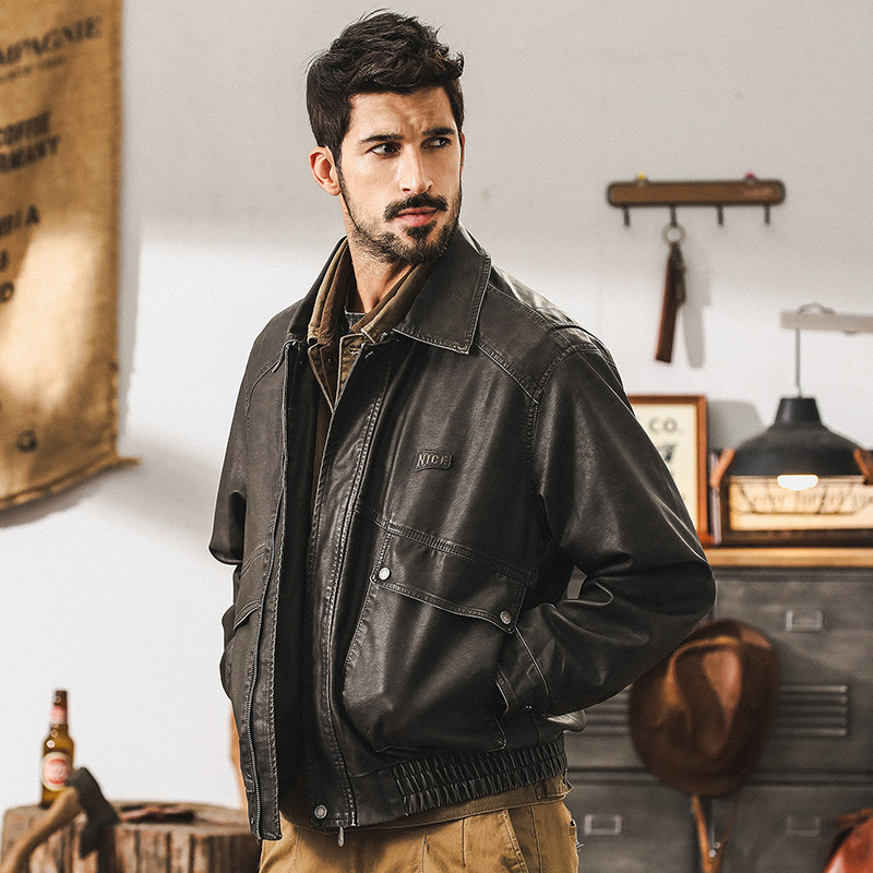 美式復古皮衣外套男秋冬款痞帥成熟硬漢機車服潮牌工裝男士皮夾克