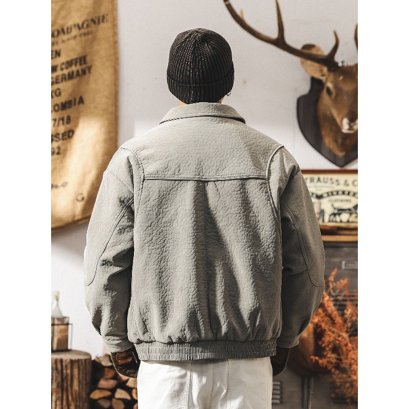 美式復古高級感荔枝紋棉服男士棉衣冬季加厚保暖機車皮夾克外套男