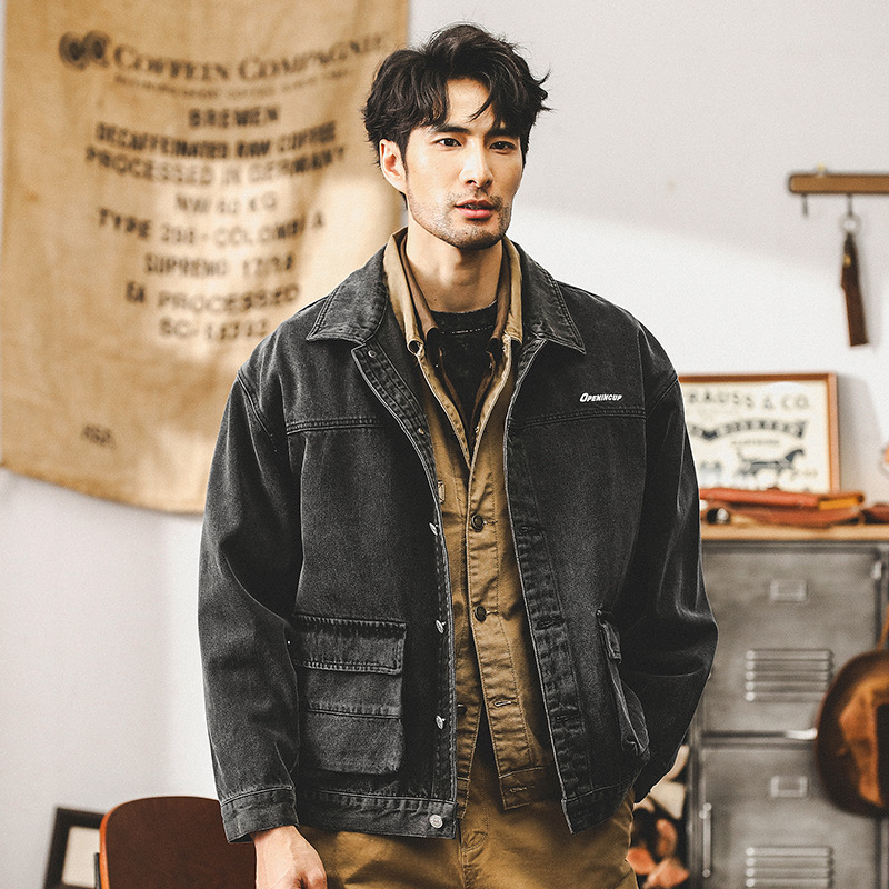 美式複古重磅牛仔外套男春秋款潮牌痞帥做舊水洗工裝秋季休閑夾克