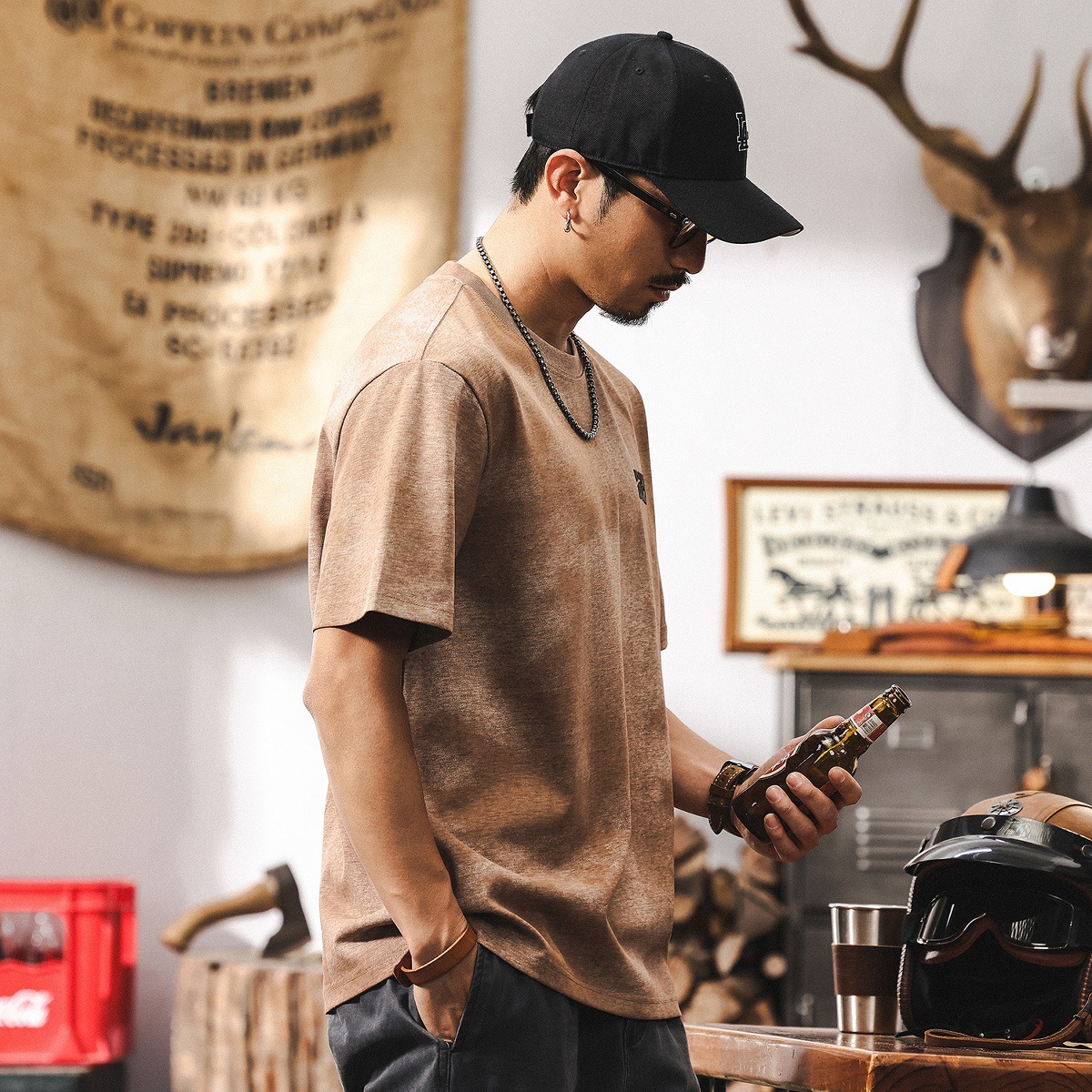 美式復古高級感雲染短袖T恤男夏季2025新款潮流寬鬆半截袖上衣男