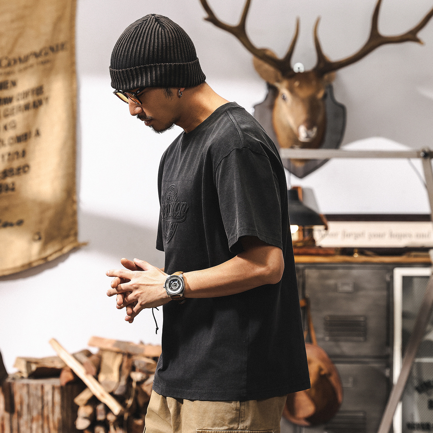 美式復古立體鋼印短袖男夏季寬鬆潮流250g重磅T恤男休閒上衣