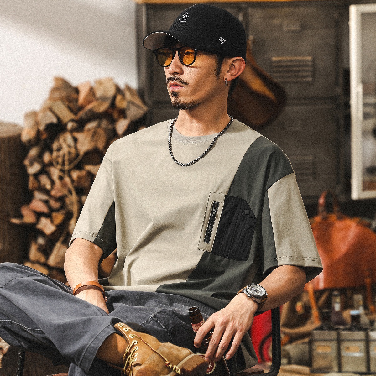 【涼感科技】冰絲薄款免燙速幹短袖T恤男夏季潮牌撞色寬鬆上衣男