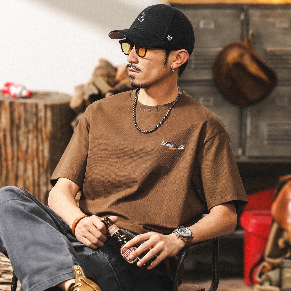 美式復古短袖男夏季新款潮牌山系刺繡男士T恤寬鬆美拉德男生上衣