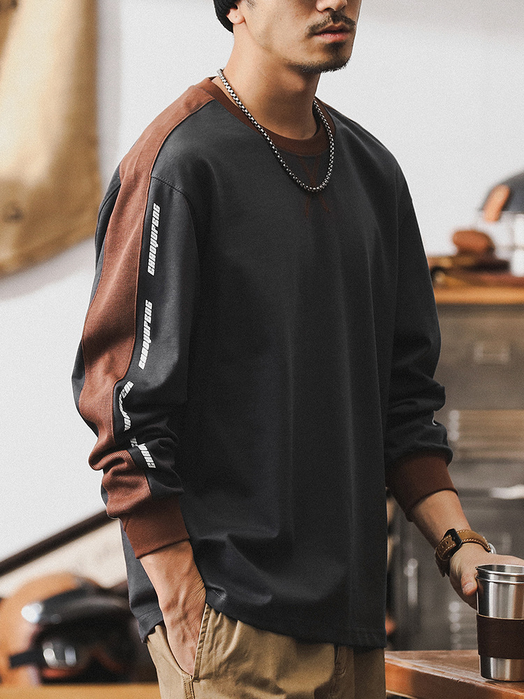 傑雷諾美式複古撞色拼接長袖t恤男潮牌寬松休閑上衣秋季男裝