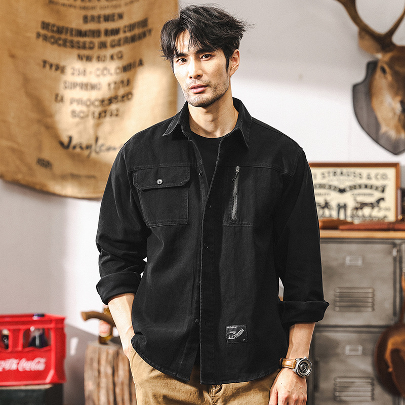 美式復古重磅粗斜工裝襯衫外套男秋季2024新款潮牌獵裝通勤襯衣男