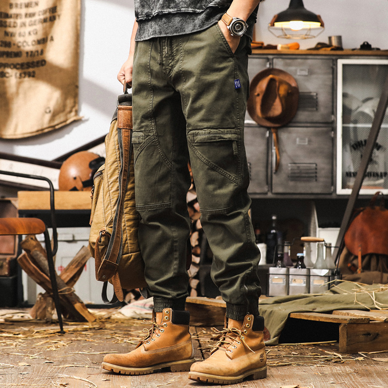 美式復古軍綠色工裝褲男秋季潮牌重磅束腳休閒褲男士寬鬆運動長褲