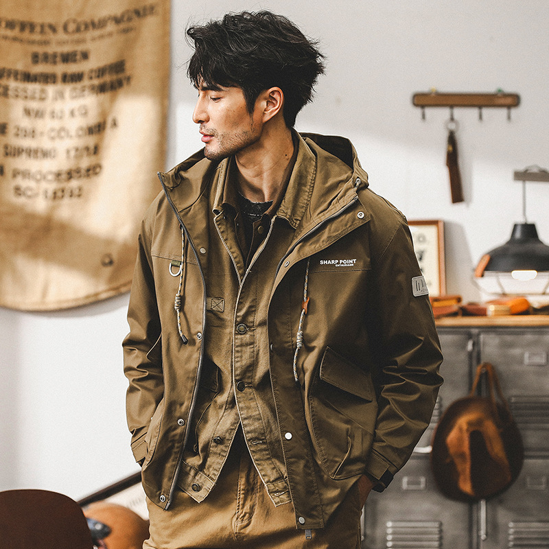 美式複古工裝夾克男春秋款潮牌軍綠色寬松上衣戶外防風連帽外套男