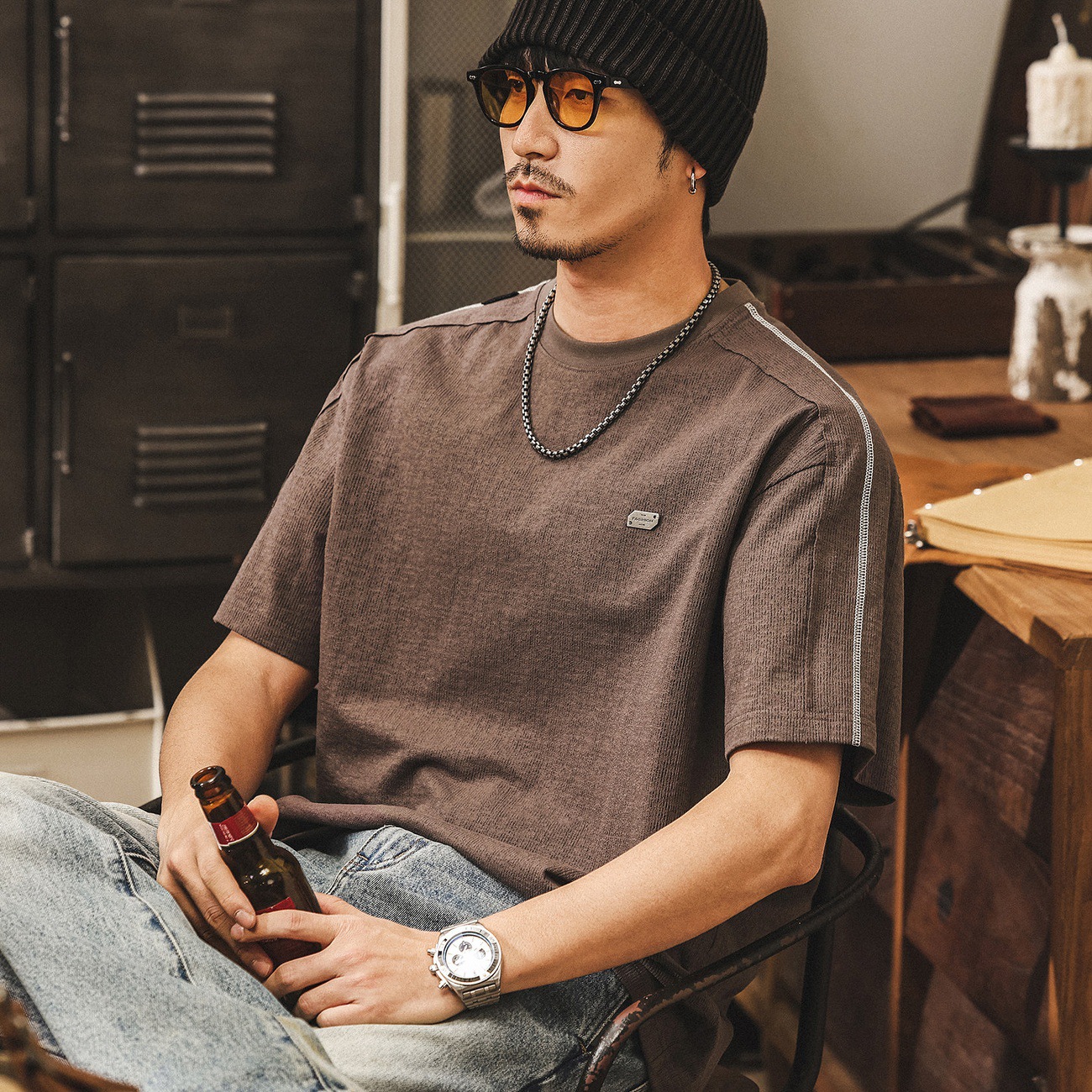 美式復古男士短袖T恤夏季2026新款拼接肌理潮流寬鬆休閒半袖體恤