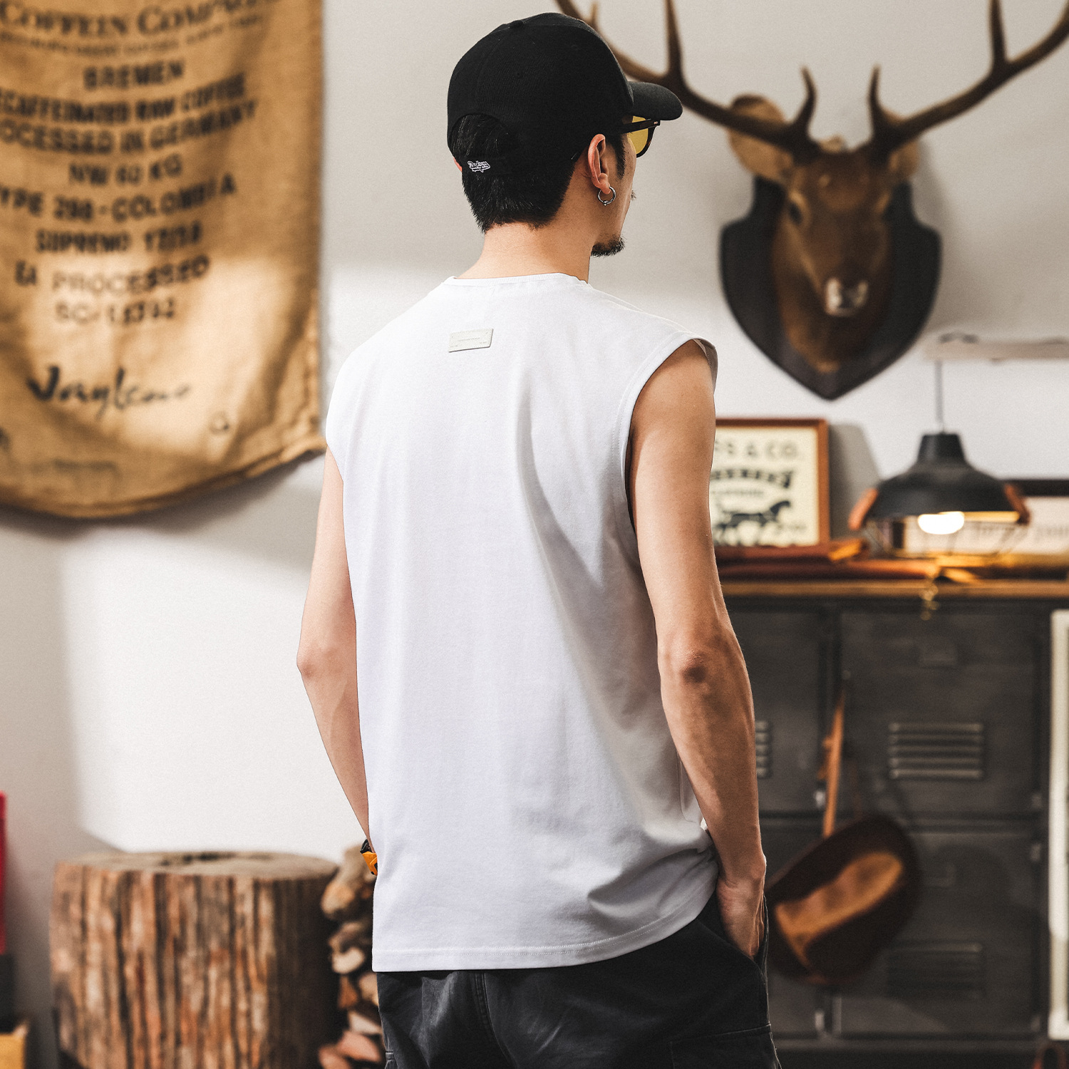 美式復古運動健身背心男夏季寬鬆無袖T恤男寬鬆潮牌白色坎肩上衣