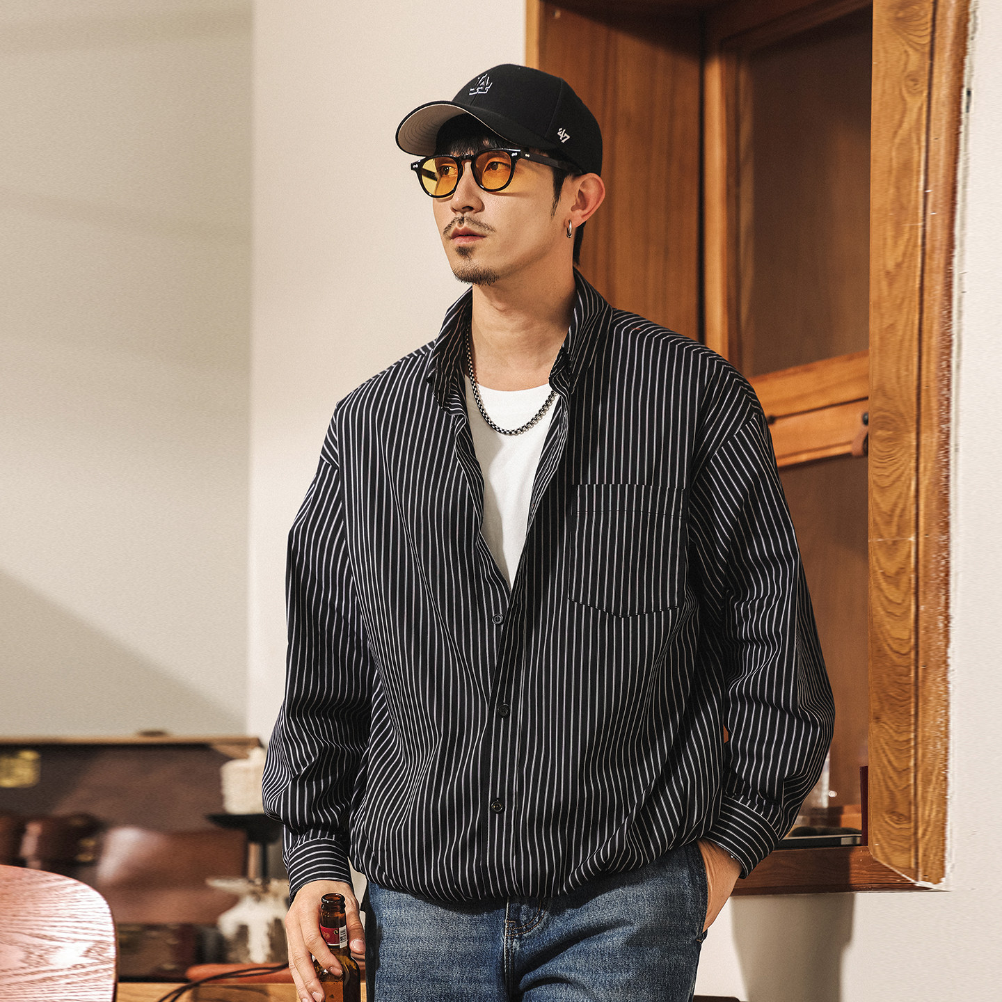 美式復古經典條紋長袖襯衫外套男春季新款高級感假兩件休閒夾克男