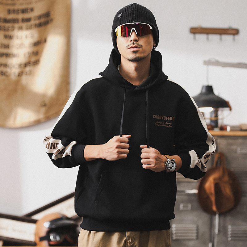 美式360g重磅衛衣男秋季潮牌撞色休閑寬松上衣男連帽外套男春秋款