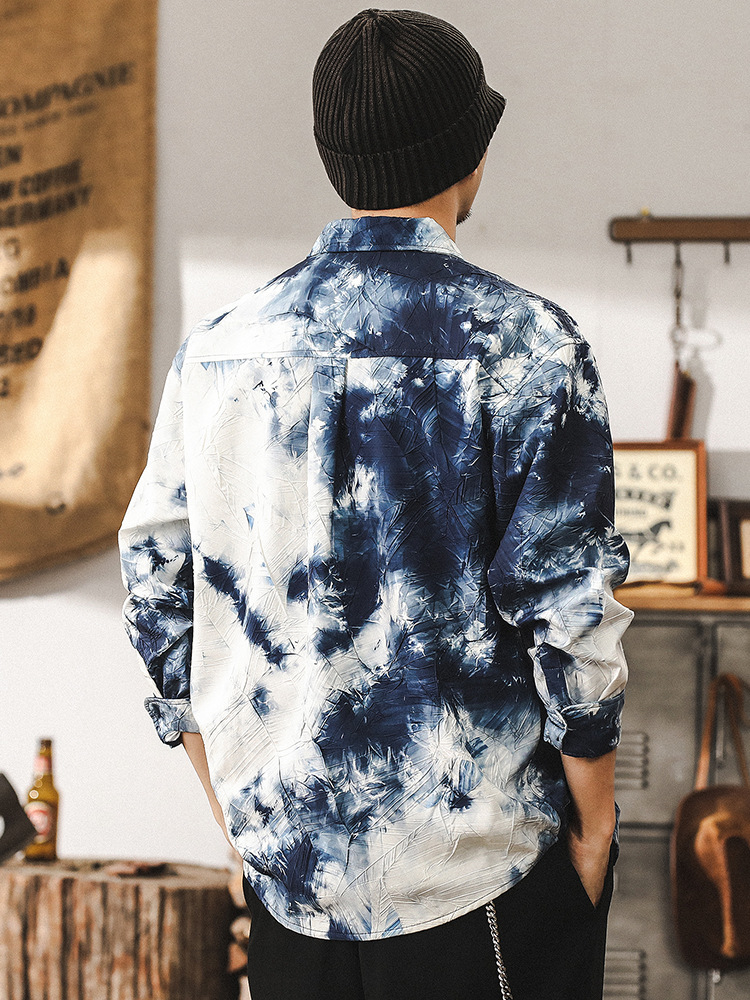 國風水墨長袖襯衫男春季2025新款潮牌高級感紮染印花襯衣外套春秋