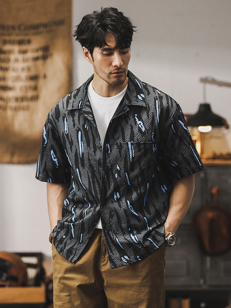 美式經典泡泡紗襯衫男短袖夏季薄款寬鬆古巴領夏威夷痞帥花襯衣男