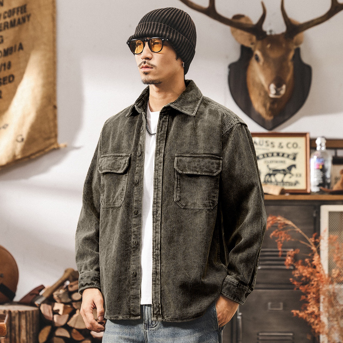 美式復古工裝襯衫男長袖春秋潮牌襯衣男寬鬆老錢風燈芯絨夾克外套