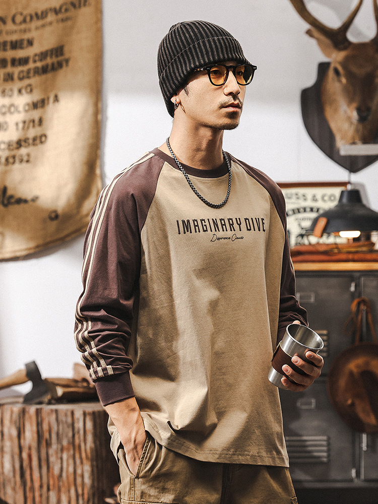 美式復古春季插肩袖拼色男士T恤男長袖2025新款寬鬆休閒上衣