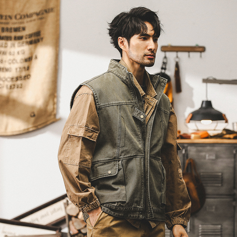 美式重磅複古工裝馬甲男立領外套秋季戶外戰術做舊坎肩攝影夾克男