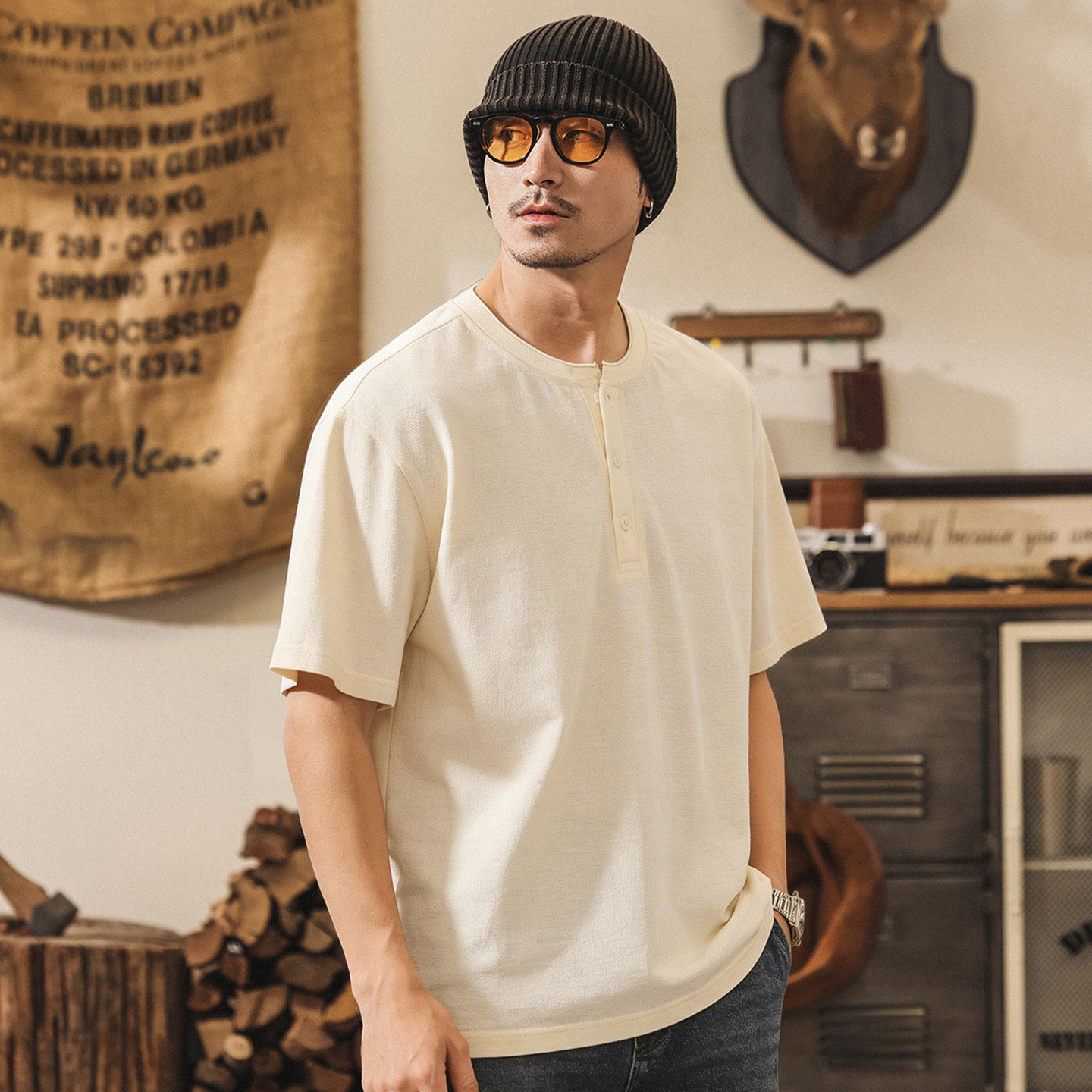 美式復古亨利領亞麻短袖男款T恤夏季2026新款潮牌寬鬆男士Polo衫