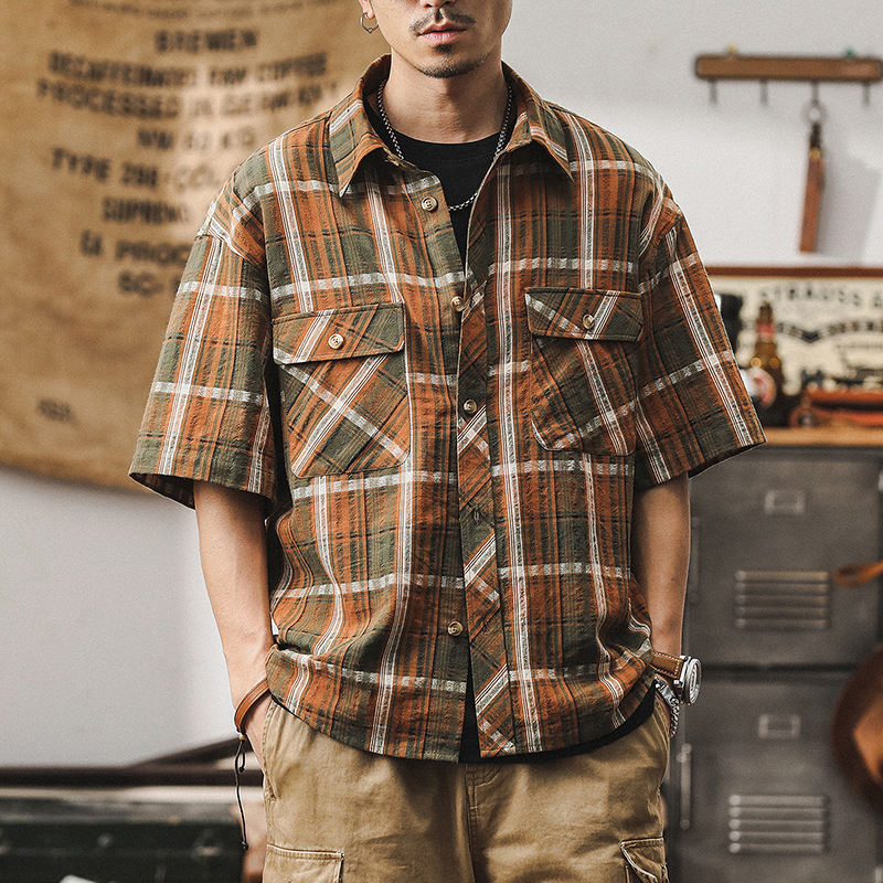 美式經典復古格子襯衫男夏季短袖寬鬆潮牌休閒夏威夷度假沙灘襯衣