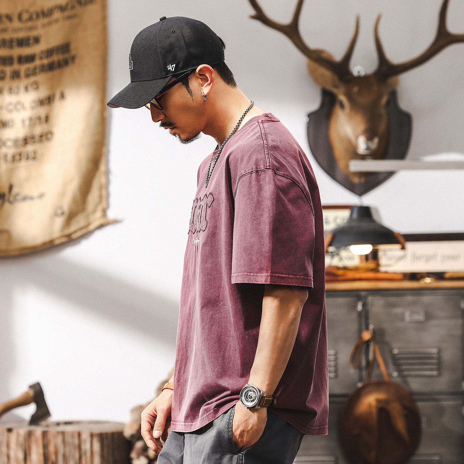 美式復古酒紅色刺繡重磅T恤男短袖夏季潮流2025新款寬鬆休閒上衣T