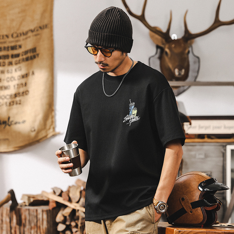 立體漿印40支涼感T恤男2025新款美式復古短袖男夏季寬鬆男士上衣