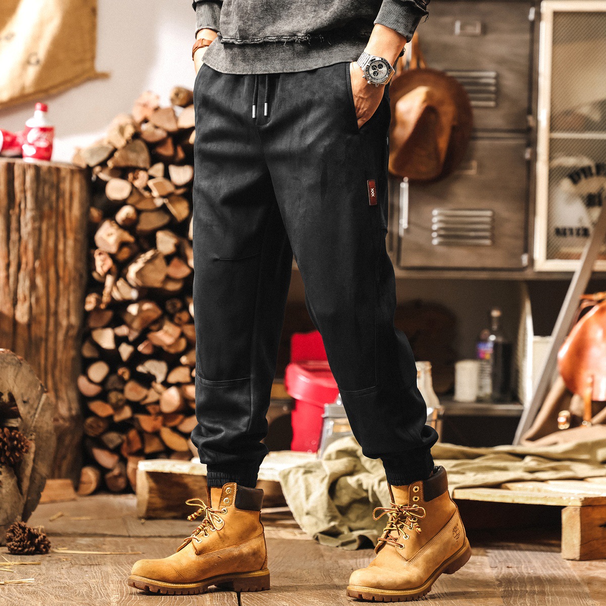 美式復古高級感麂皮絨褲子男秋季2025新款工裝設計感男士休閒褲潮