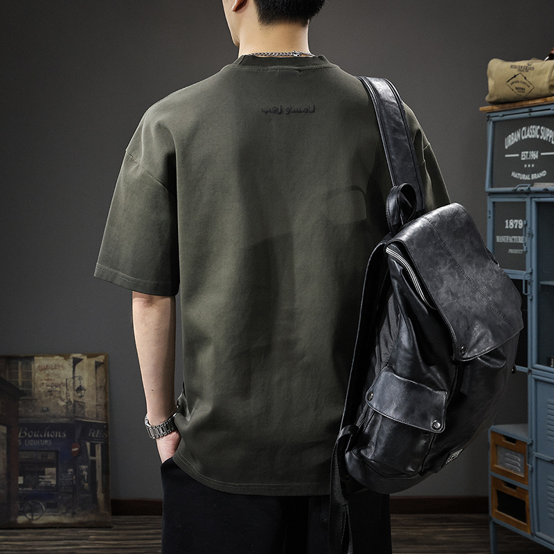 夏季新款復古印花短袖T恤男美式休閒重磅水洗寬鬆半袖體恤上衣潮T