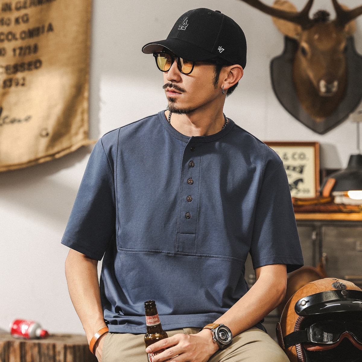 美式復古重磅T恤男夏季短袖寬鬆2025新款潮流硬漢亨利領Polo衫男