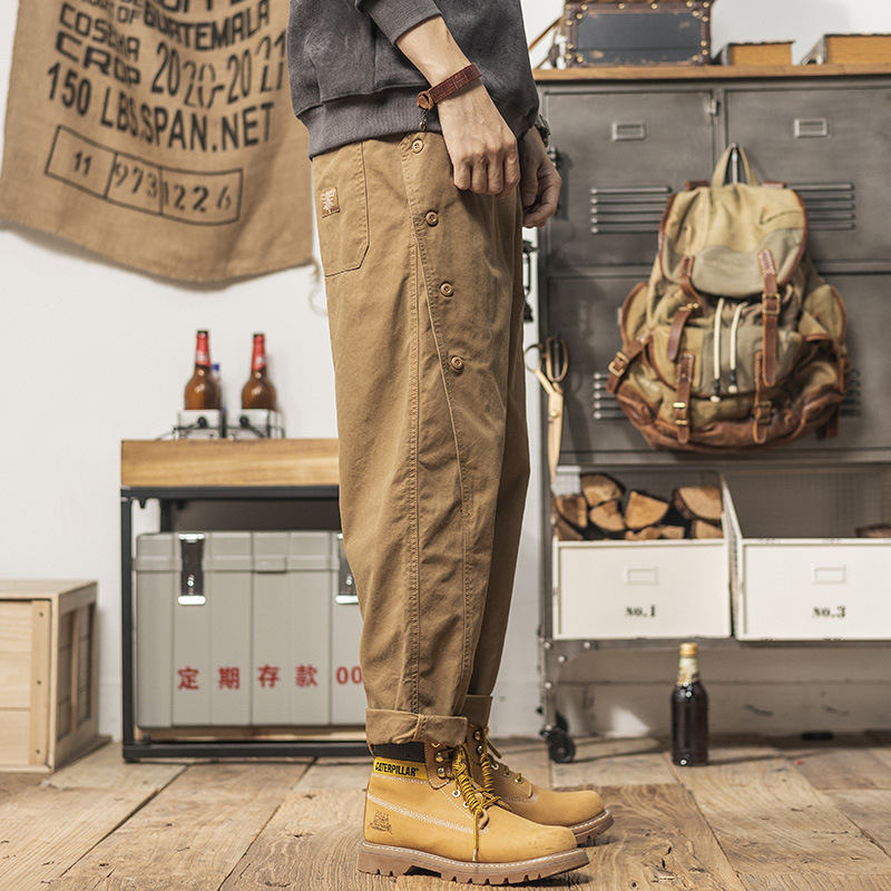 2024重磅排扣褲子設計款休閒褲春季男士寬鬆直筒潮流經典工裝長褲