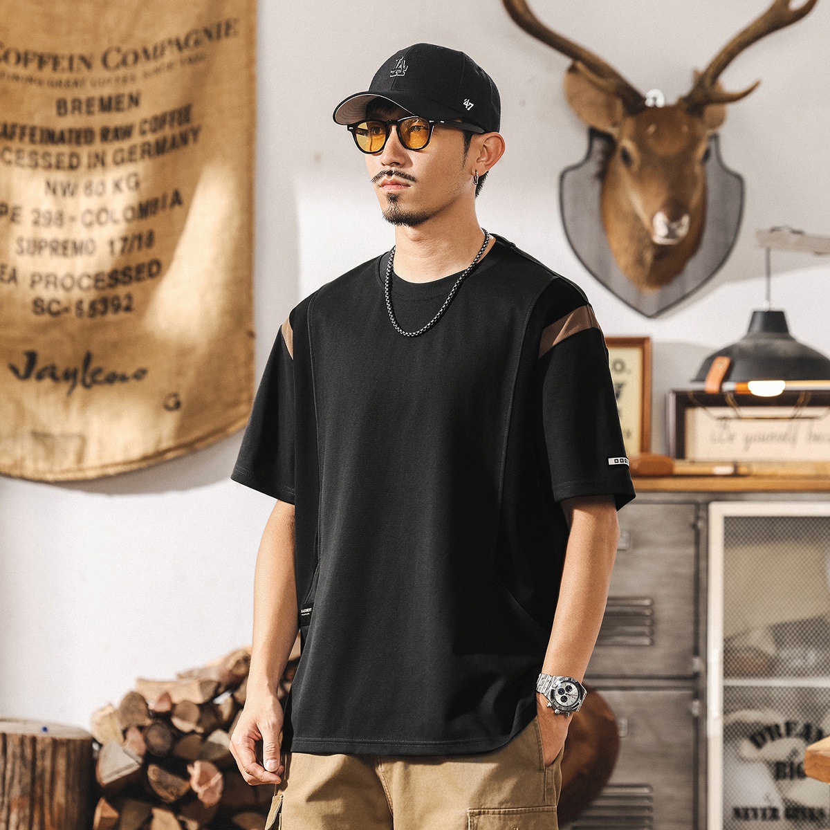 美式復古短袖T恤男夏季新款潮牌拼色寬鬆大碼男士上衣休閒體恤潮T